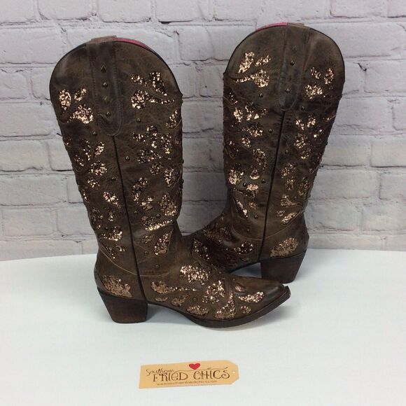 Southern Fried Chics "Gone Country" Cowgirl Boots Women's Size 6 Brown Glitter - Picture 1 of 12